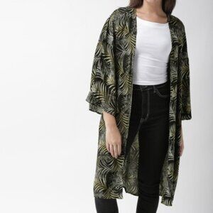 Forever 21 Leaf Jungle Tropic Open Front Lace Back Longline Duster Kimono SZ S